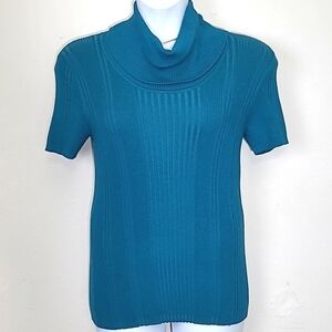 Sweater cable short sleeve cowl neck stretch  medium Teal Emma James